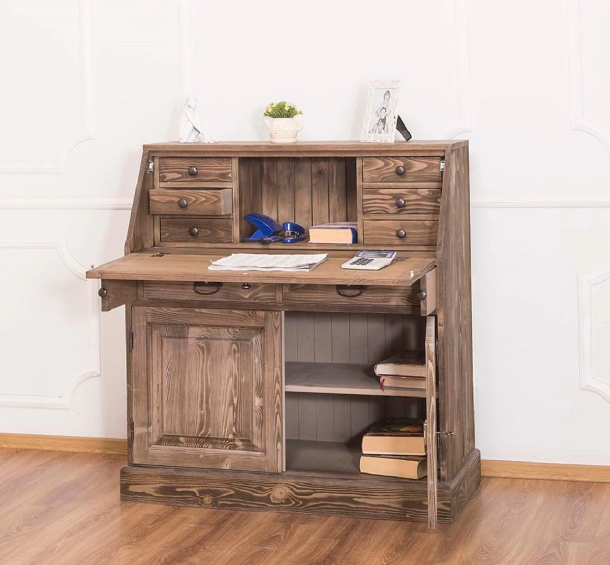 Casa Padrino escritorio de estilo campestre con 2 puertas y 8 cajones marrón 106 x 49 x H. 109 cm - Muebles de Estilo Campestre