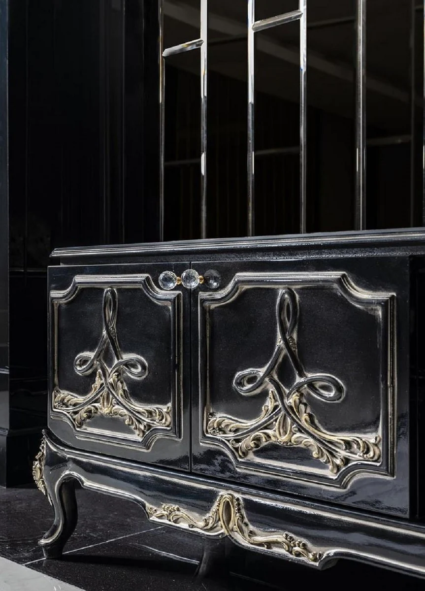 Casa Padrino armario de TV barroco de lujo negro / oro - Magnífico aparador de salón con 4 puertas - Muebles de salón barrocos