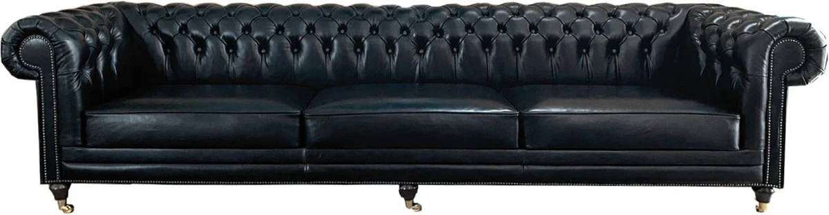 Casa Padrino sof¨¢ de cuero Chesterfield de lujo negro vintage - Sof¨¢ de cuero real para sala de estar con ruedas - Muebles Chesterfield de Lujo