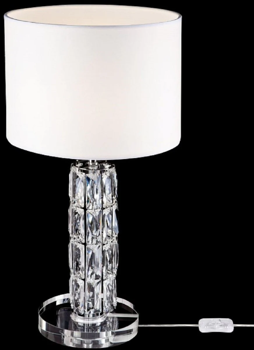 Casa Padrino lámpara de mesa de diseño plata / blanco Ø 25 x A. 44,5 cm - Lámpara de escritorio moderna de metal con elegantes elementos de vidrio y pantalla redonda