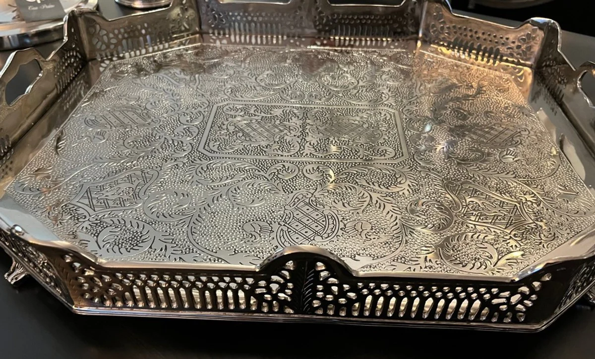 Casa Padrino luxury art deco brass tray nickel finish 52 x 42 x H. 8 cm - Limited Edition