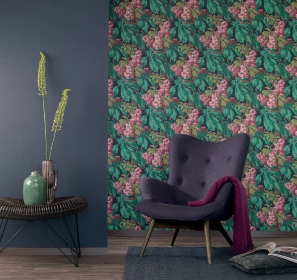 Casa Padrino papel pintado no tejido barroco con motivo florales negro / verde / marrón / rosa / púrpura 10,05 x 0,52 m - Accesorios de Decoración