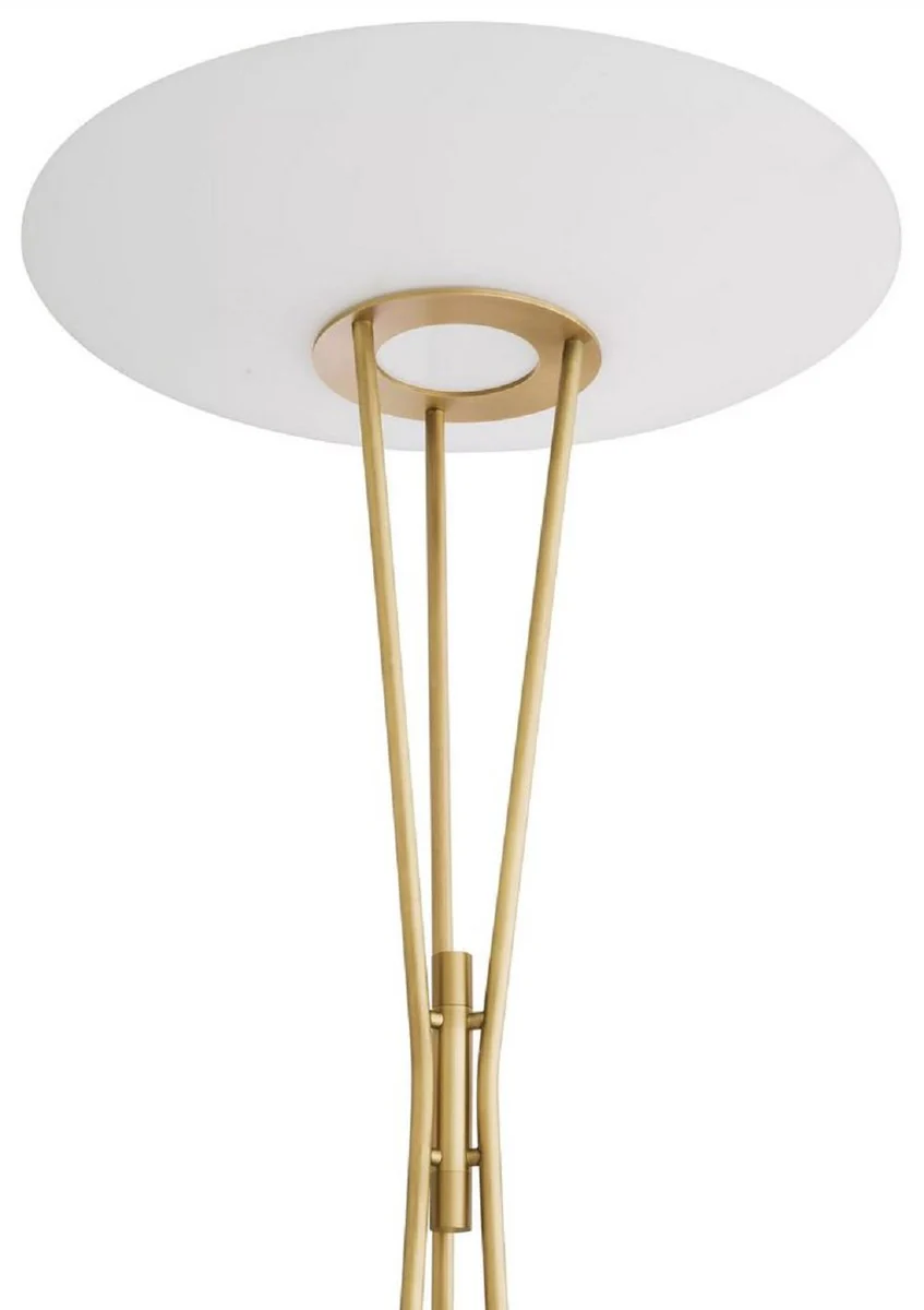Casa Padrino lámpara de pie de lujo latón antiguo / beige / blanco Ø 70 x A. 185 cm - Lámpara moderna de acero con base de piedra natural travertino y pantalla redonda de vidrio - Colección de Lujo
