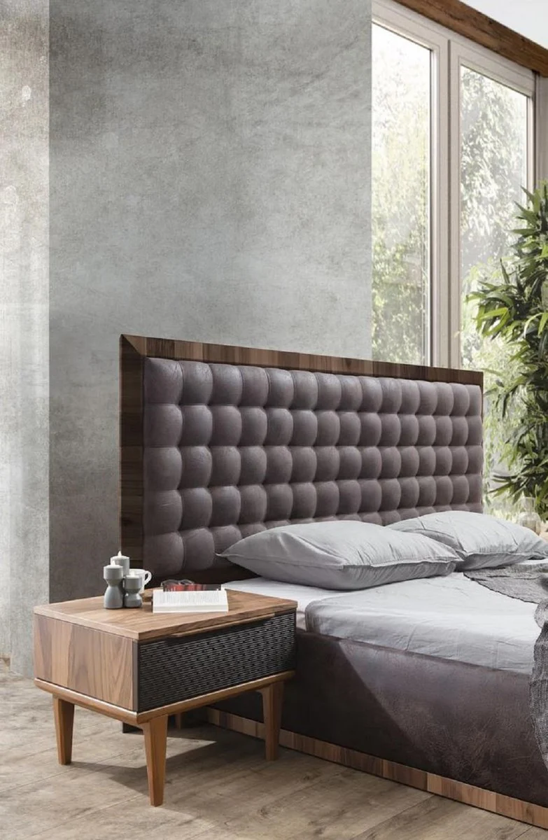 Casa Padrino conjunto de dormitorio de madera maciza de lujo gris / marrón - 1 Cama Doble con Cabecera y 2 Mesitas de Noche - Muebles de dormitorio de lujo