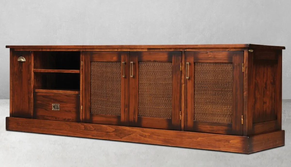 Casa Padrino armario de TV Lujo de estilo vintage marrón / latón 204 x 52 x A. 66 cm - Aparador estilo vintage con 3 puertas y 2 cajones - Mueble de salón de estilo vintage - Muebles de lujo