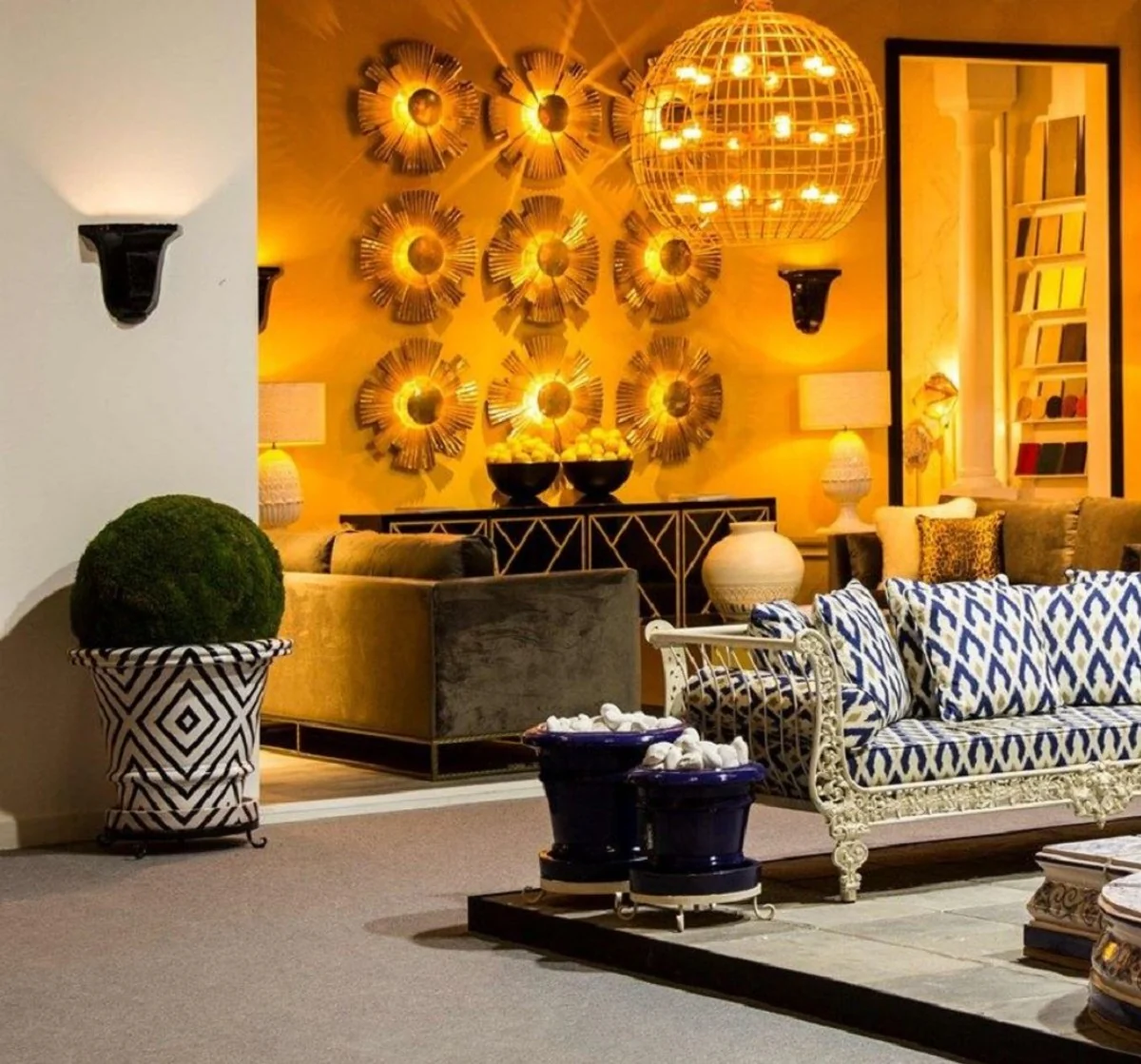 Casa Padrino maceta de lujo blanco / negro Ø 79 x A. 63 cm - Maceta de cerámica hecha a mano y pintada a mano - Terrazas Balcones Jardín Decoración - Accesorios de Decoración de Lujo