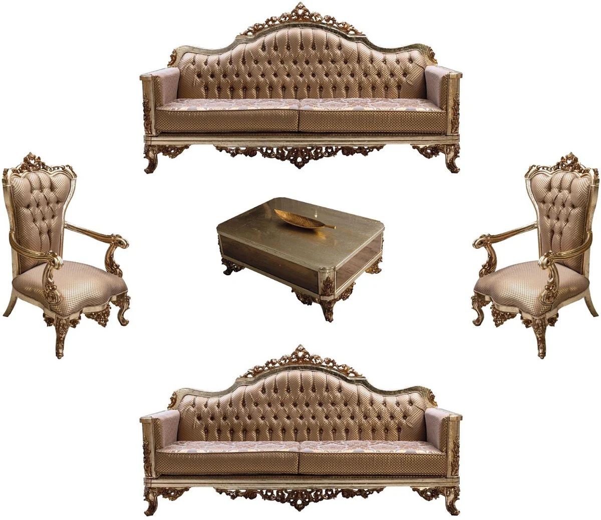 Casa Padrino conjunto de sala de estar barroco de lujo cobre / plata antigua / oro - 2 Sof¨¢s Barrocos y 2 Sillones Barrocos y 1 Mesa de Centro Barroco - Muebles de sal¨®n barroco