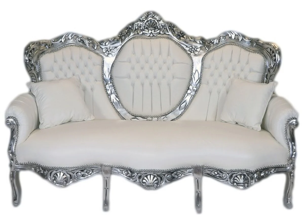 Casa Padrino Baroque 3 seater lounge king white leather look / Silver - living room couch furniture Lounge