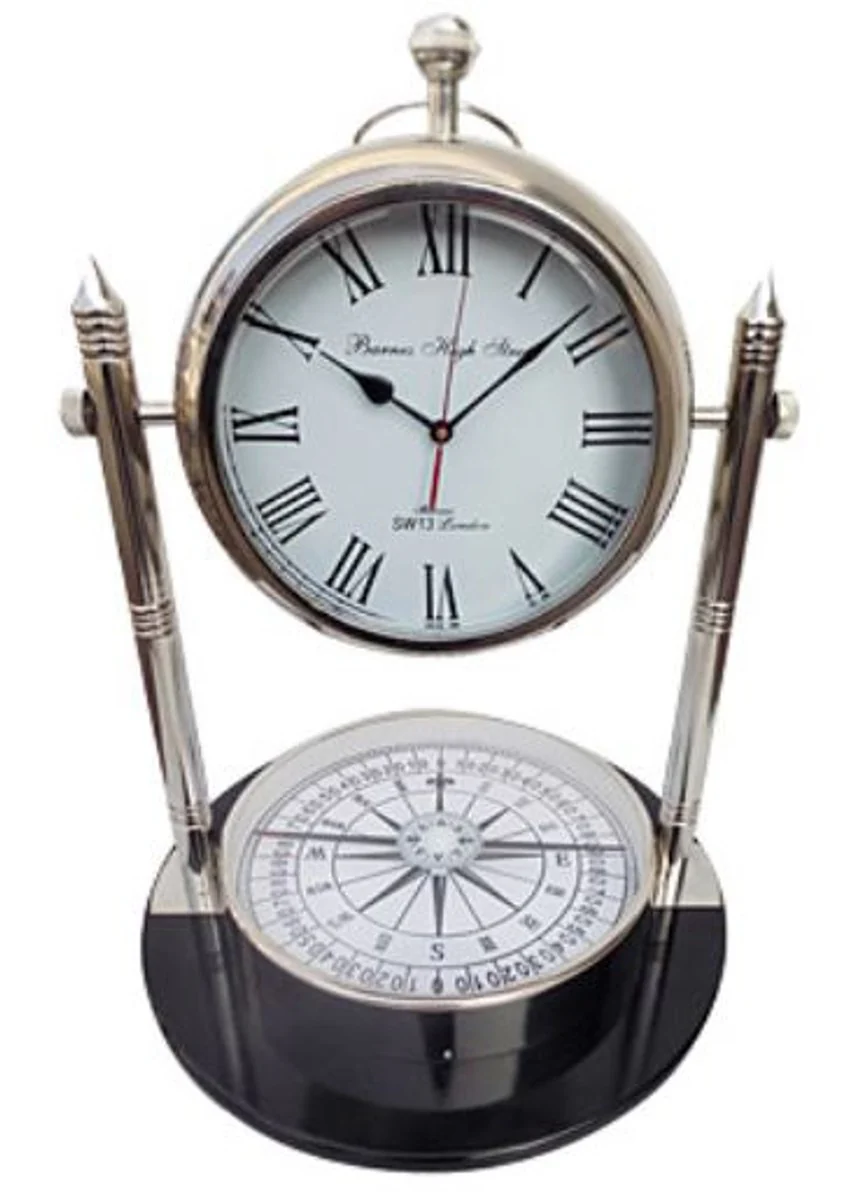 Casa Padrino Table Clock with Compass Silver / Black Ø 48 x H. 63.5 cm - Living Room Deco