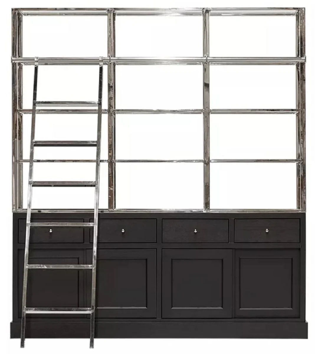 Casa Padrino armario estante con escalera negro / plata 219 x 43 x A. 240 cm - Armario de libros - Armario de sal¨®n - Mueble de oficina - Muebles de sal¨®n - Muebles de oficina de lujo