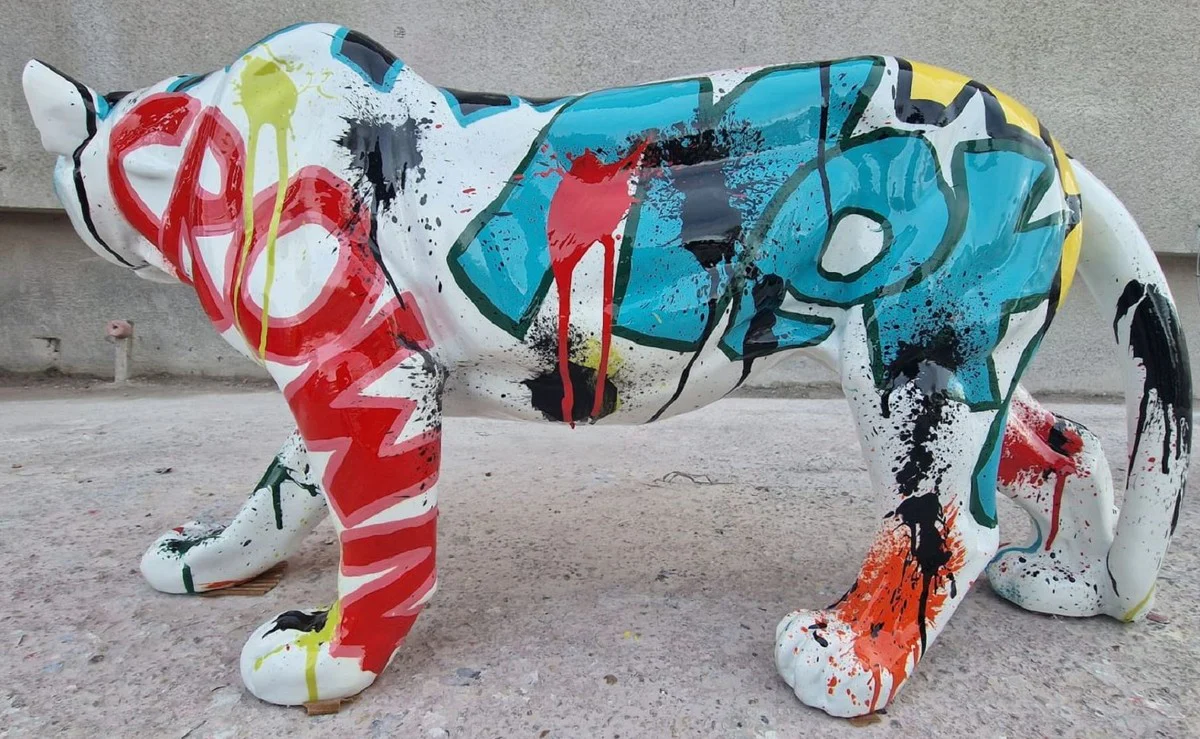 Casa Padrino escultura decorativa de lujo pantera blanco / colorido 80 x A. 35 cm - Figura decorativa grande XXL - Escultura decorativa XXL - Esculturas y figuras decorativas XXL