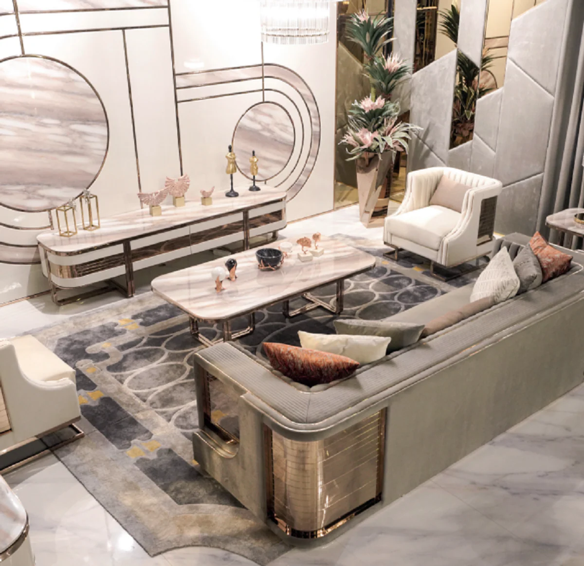 Casa Padrino gabinete de TV de lujo crema / blanco / cobre 230 x 54,5 x A. 55 cm - Aparador de madera maciza con 4 cajones - Muebles de salón - Muebles de hotel - Muebles de lujo - Muebles de lujo