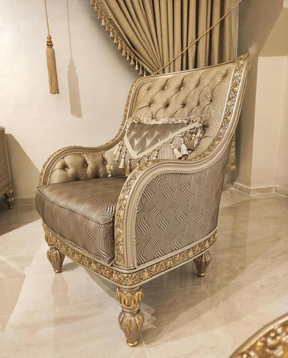 Casa Padrino sill¨®n barroco de lujo oro / gris / oro - Magn¨ªfico sill¨®n de sal¨®n - Muebles de sal¨®n de estilo barroco - Muebles de lujo de estilo barroco - Mobiliario barroco