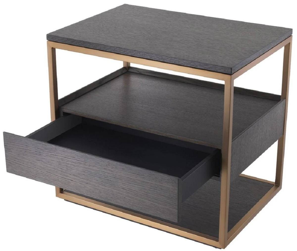 Casa Padrino mesa auxiliar de lujo con caj¨®n moca / cobre 65 x 46 x A. 61 cm - Mesita de noche de chapa de roble con marco de acero inoxidable - Muebles de Lujo