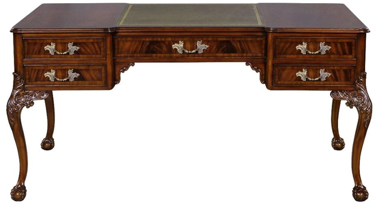 Casa Padrino escritorio barroco de lujo marr¨®n oscuro / plata / gris / oro - Escritorio de caoba hecho a mano con 5 cajones - Mobiliario de oficina barroco