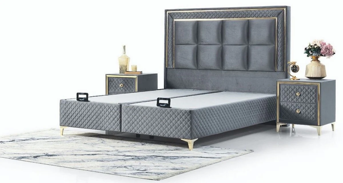 Casa Padrino cama doble de lujo gris / oro - Cama moderna de madera maciza - Muebles de Dormitorio y de Hotel Moderno - Colección de Lujo