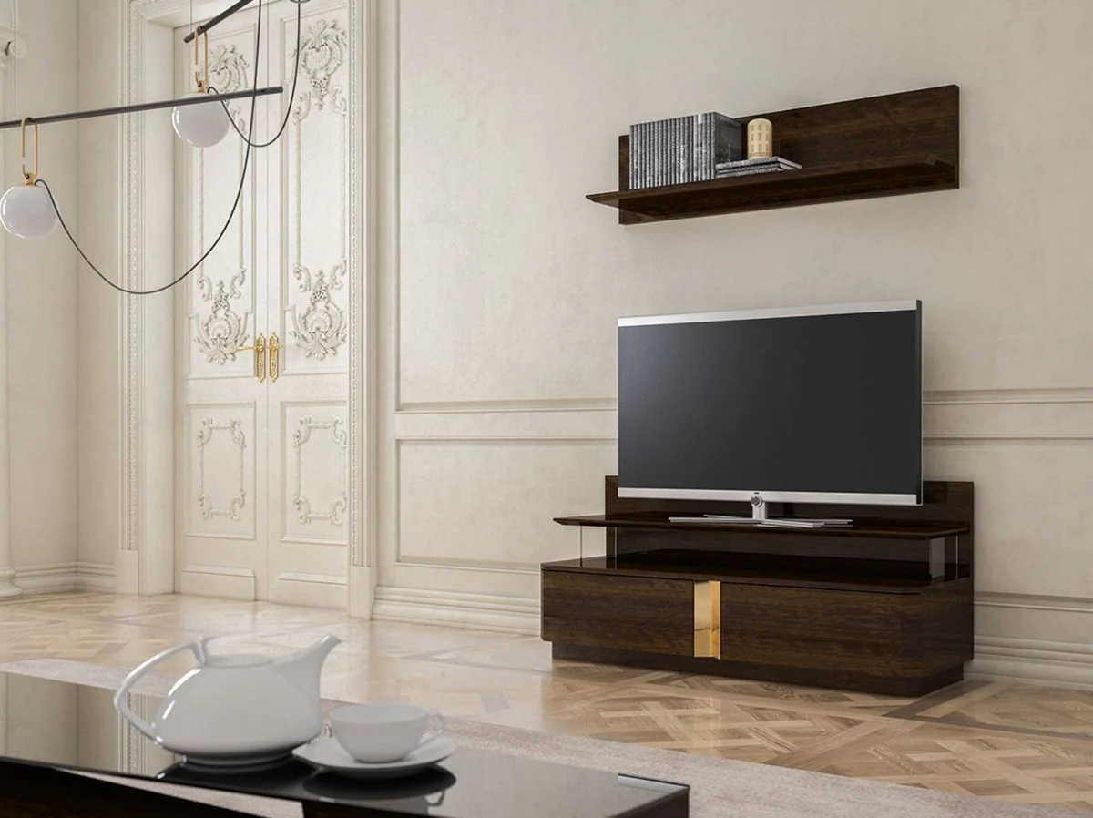 Casa Padrino conjunto de gabinete de TV para sala de estar de lujo marr¨®n / oro - 1 Gabinete de TV y 1 Estante de Pared - Conjunto de muebles - Calidad de Lujo