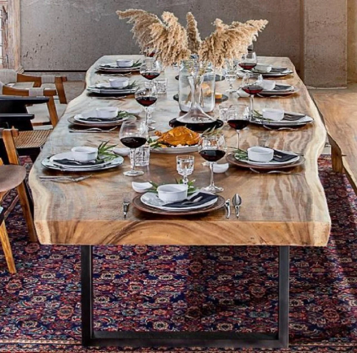 Casa Padrino mesa de comedor de lujo natural / negro 400 x 100-120 x A. 76 cm - Mesa de cocina rectangular con tablero de madera maciza - Muebles de comedor - Muebles de cocina - Muebles de lujo