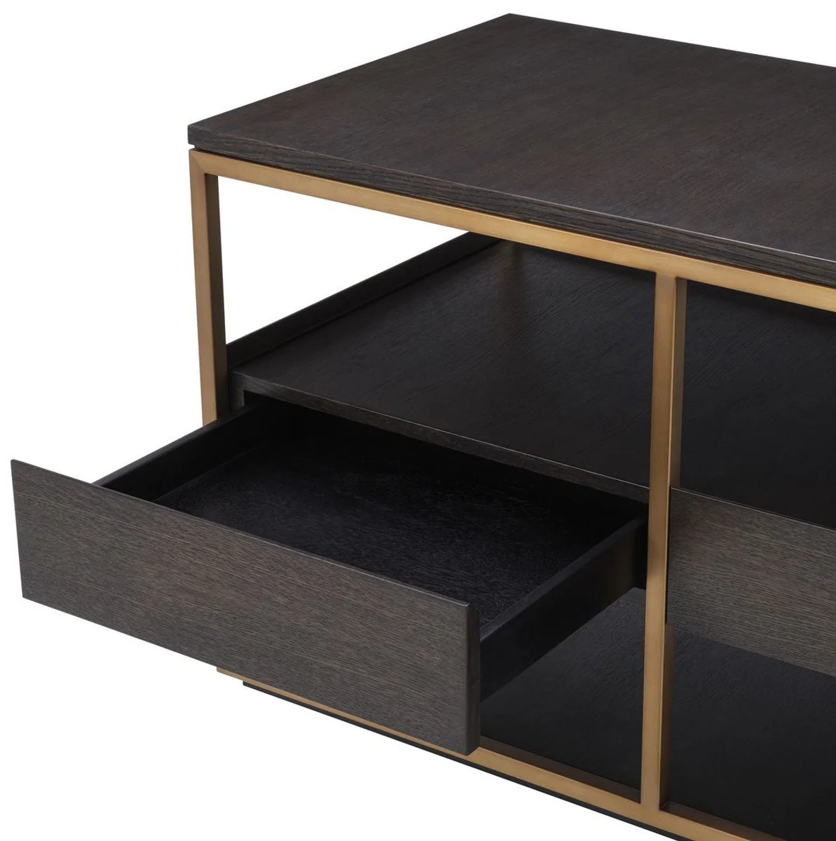 Casa Padrino gabinete de TV de lujo moca / latón 180 x 55 x A. 61 cm - Aparador de madera maciza con 3 cajones - Muebles de salón - Muebles de hotel - Colección de Lujo