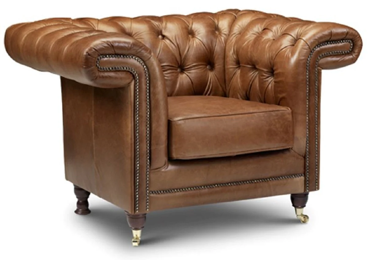 Casa Padrino sill¨®n de cuero Chesterfield de lujo marr¨®n / marr¨®n oscuro / oro 127 x 95 x A. 85 cm - Sill¨®n de sal¨®n de cuero aut¨¦ntico - Muebles de Sal¨®n Chesterfield