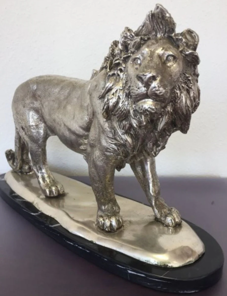 Casa Padrino león figura de bronce base de mármol plata / negro 49 x 16 x H. 31 cm - Figura Decorativa de Lujo