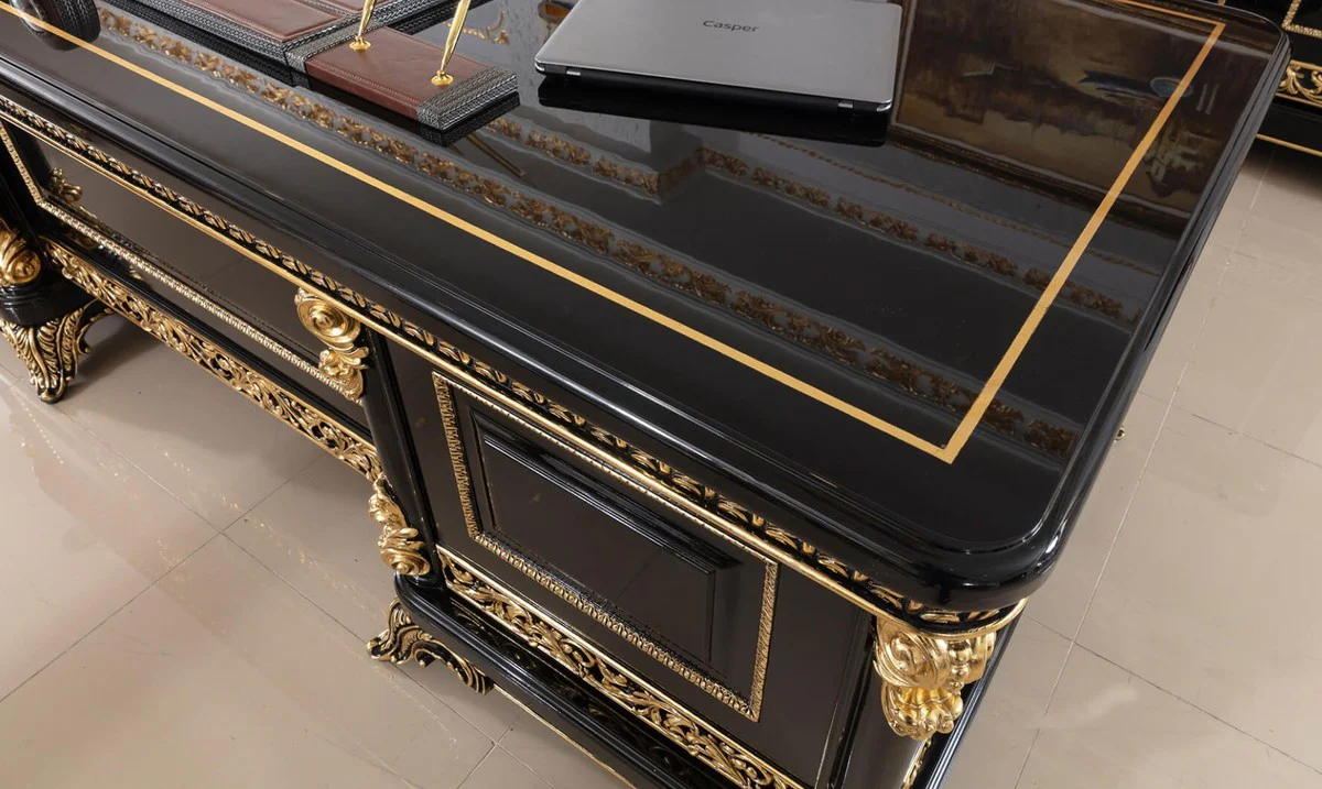 Casa Padrino escritorio barroco de lujo negro / oro - Magn¨ªfica mesa de oficina de madera maciza - Muebles de oficina barrocos - Noble y Magn¨ªfico