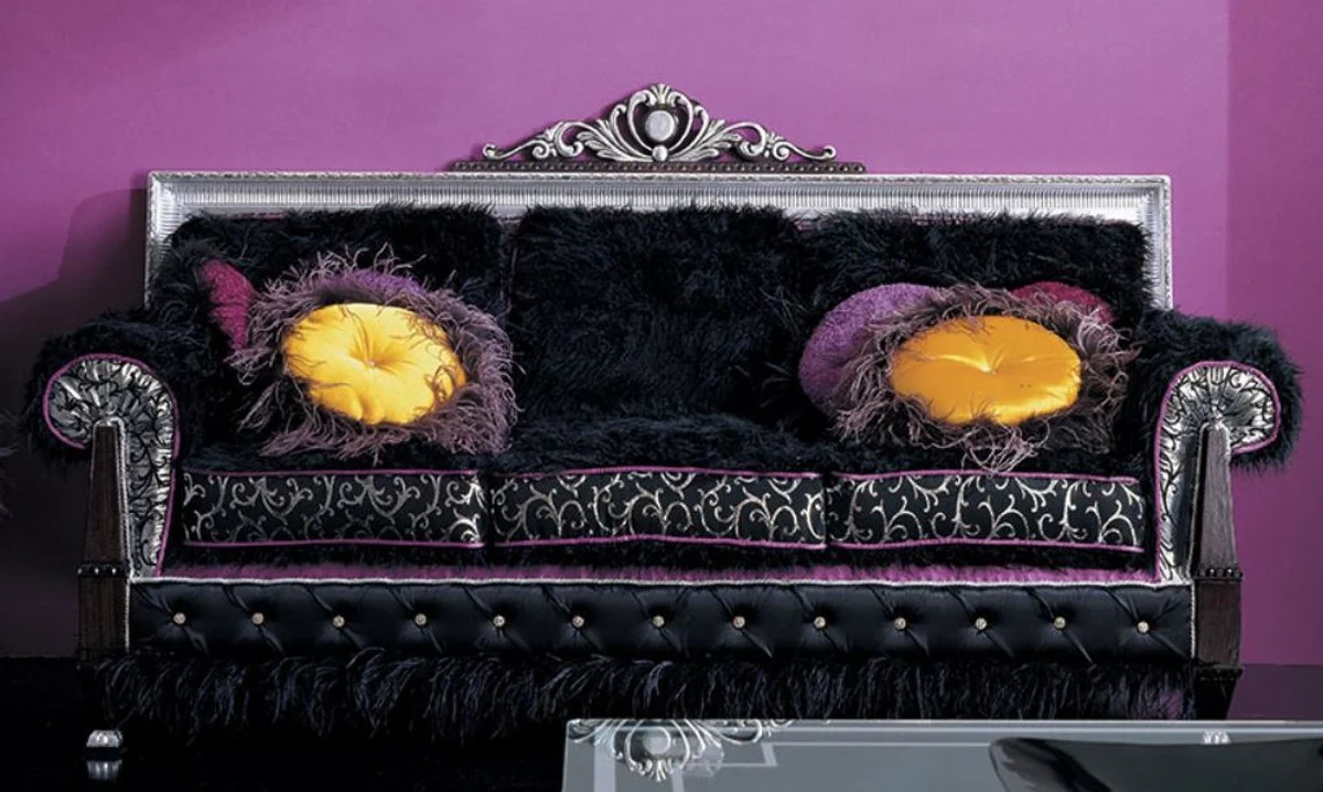 Casa Padrino sof¨¢ barroco de lujo marr¨®n oscuro / negro / plata / p¨²rpura 215 x 80 x A. 120 cm - Magn¨ªfico sof¨¢ de sal¨®n - Calidad de primera clase - Hecho en Italia