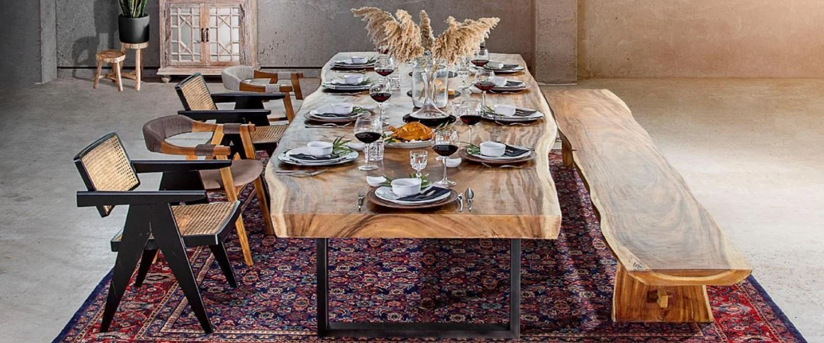 Casa Padrino mesa de comedor de lujo natural / negro 400 x 100-120 x A. 76 cm - Mesa de cocina rectangular con tablero de madera maciza - Muebles de comedor - Muebles de cocina - Muebles de lujo