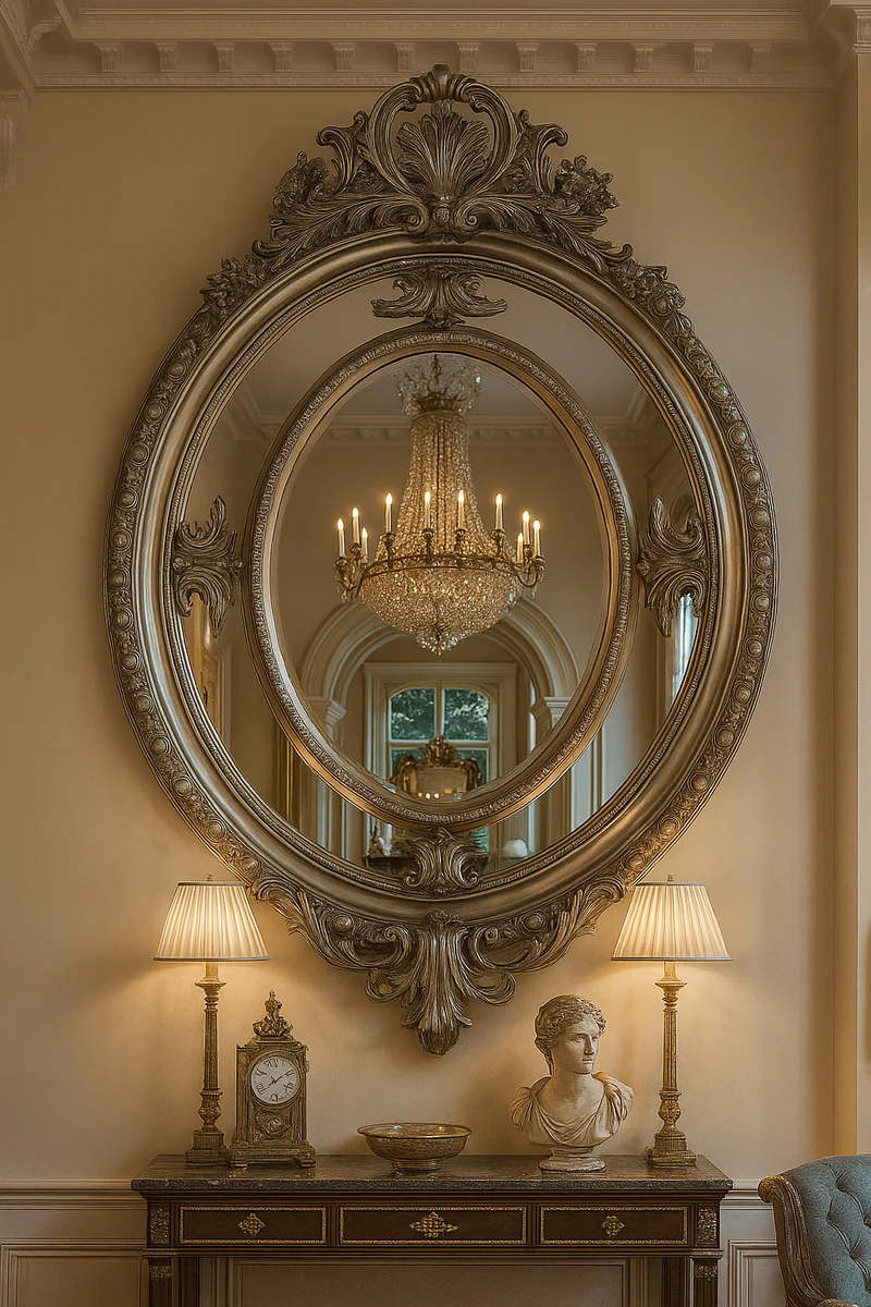 Espejo Barroco Casa Padrino Ovalado Plateado - Espejo de Pared de Estilo Barroco - Espejo de Armario Barroco Artesanal