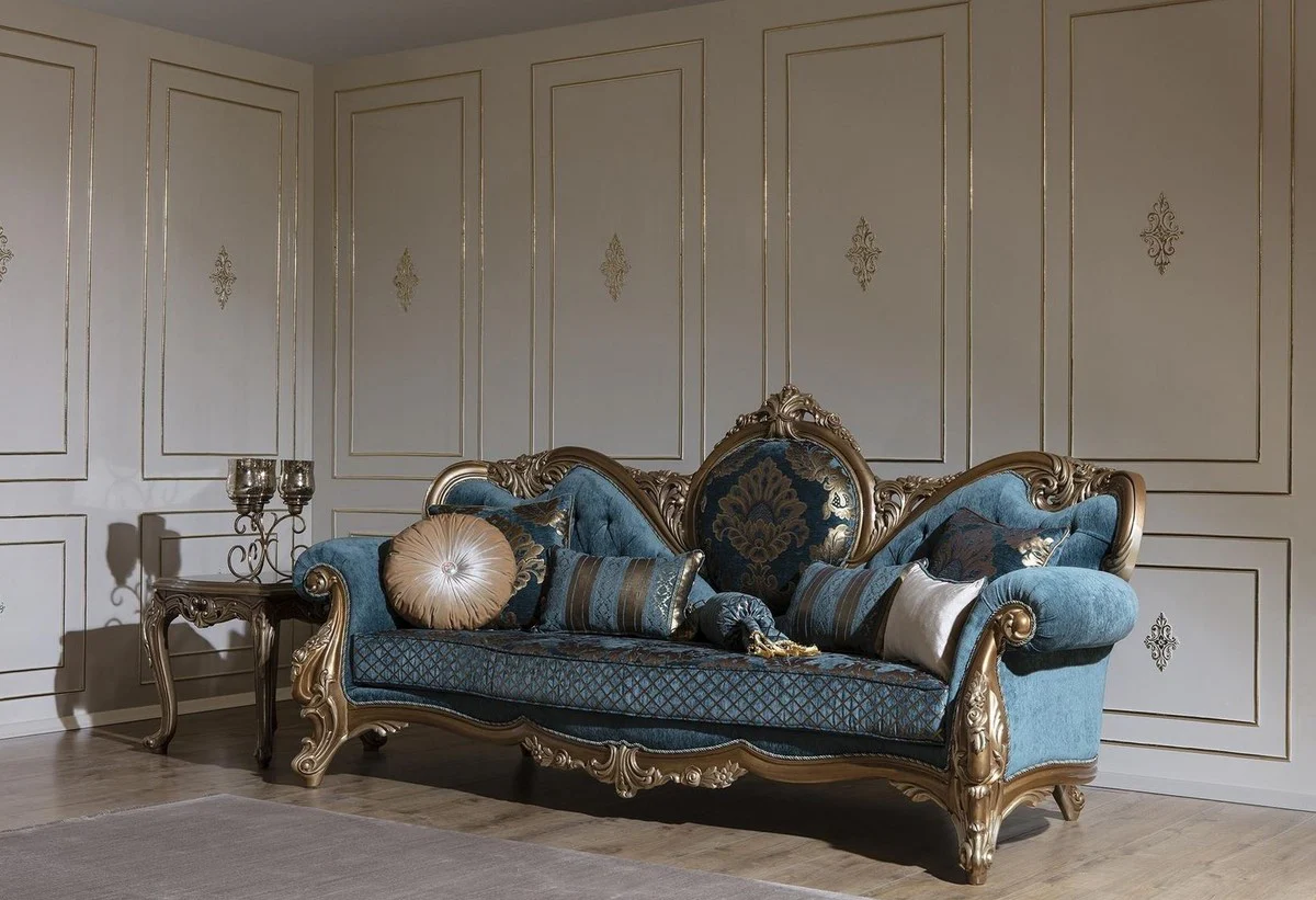 Casa Padrino sof¨¢ barroco de lujo azul / oro 260 x 90 x A. 125 cm - Magn¨ªfico sof¨¢ de sal¨®n con patr¨®n elegante y cojines decorativos - Muebles Barrocos