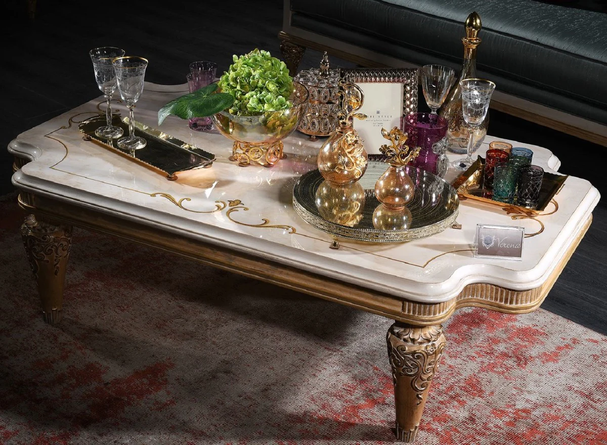 Casa Padrino mesa de sal¨®n barroco de lujo blanco / oro 140 x 90 x H. 42 cm - Mesa de Centro Barroco