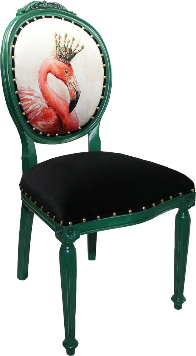 Casa Padrino Conjunto de Sillas de Comedor Barroco de Lujo Flamenco con Corona Verde / Negro / Multicolor 48 x 50 x H. 98 cm - 6 Sillas de Comedor Hechas a Mano con Diamantes de Imitaci¨®n - Muebles de Comedor Barrocos