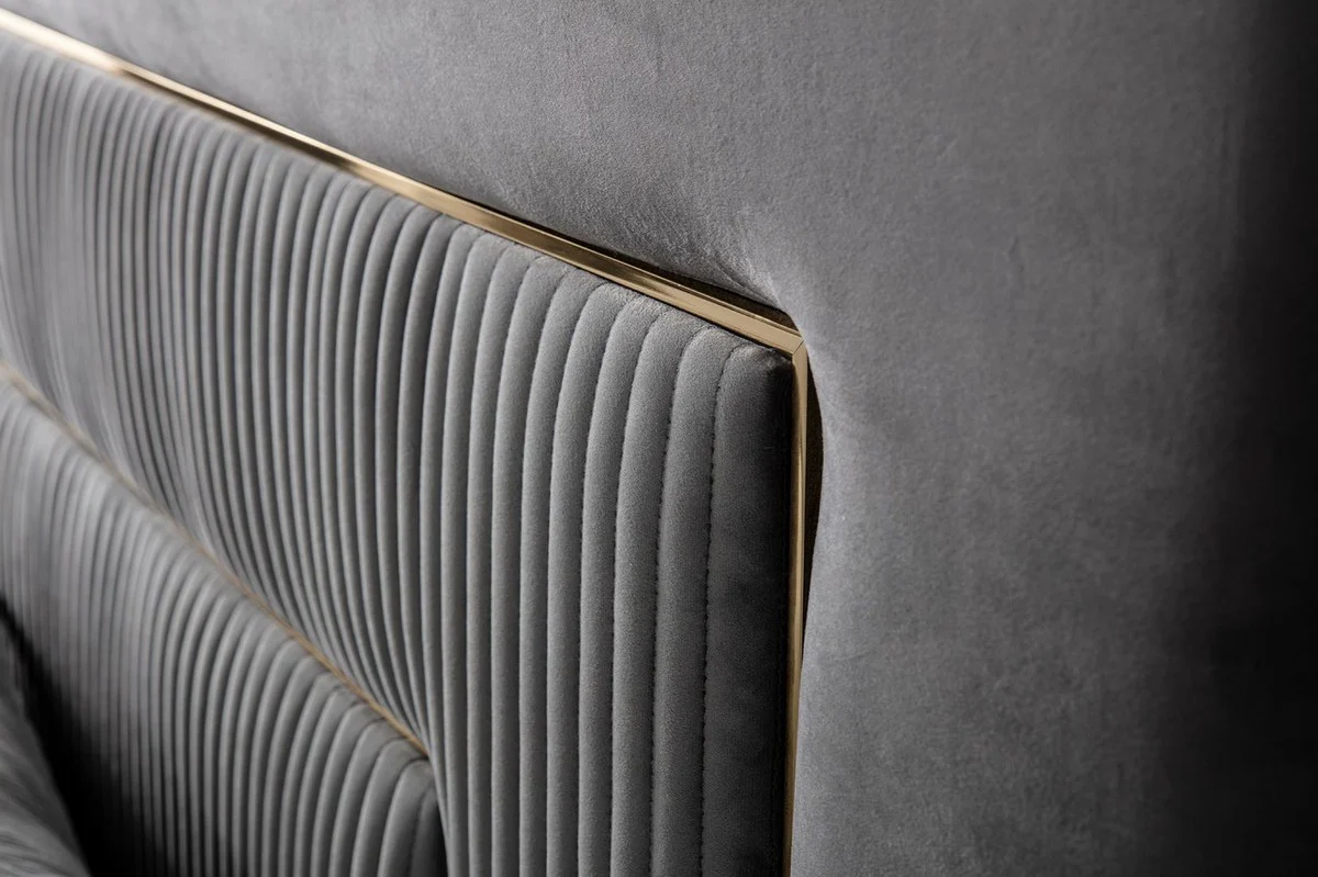 Casa Padrino conjunto de dormitorio de madera maciza de lujo gris / blanco / oro - 1 Cama Doble con Cabecera y 2 Mesitas de Noche - Muebles de dormitorio - Colección de Lujo