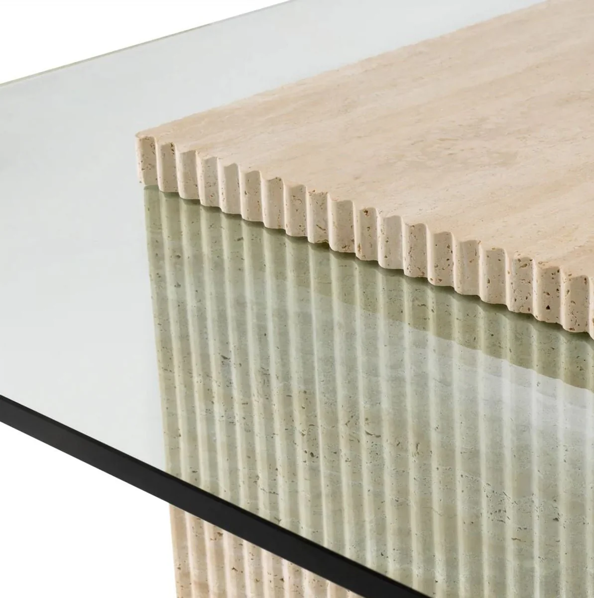 Casa Padrino mesa de centro de travertino de lujo beige 90 x 90 x A. 35 cm - Mesa de sal¨®n cuadrada de piedra natural con tapa de vidrio - Muebles de sal¨®n - Muebles de lujo - Instalaci¨®n de lujo