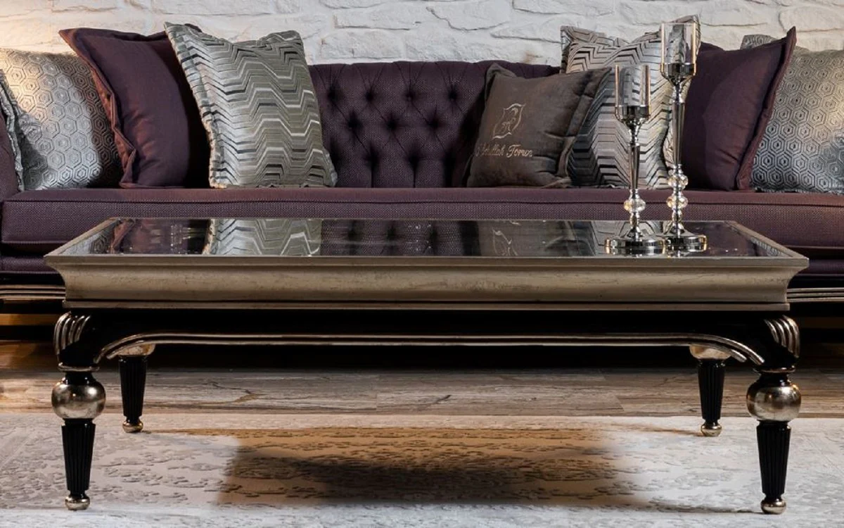 Casa Padrino mesa de centro barroco de lujo plata / negro - Mesa de sal¨®n de madera maciza hecha a mano con tapa de vidrio - Muebles de sal¨®n barrocos