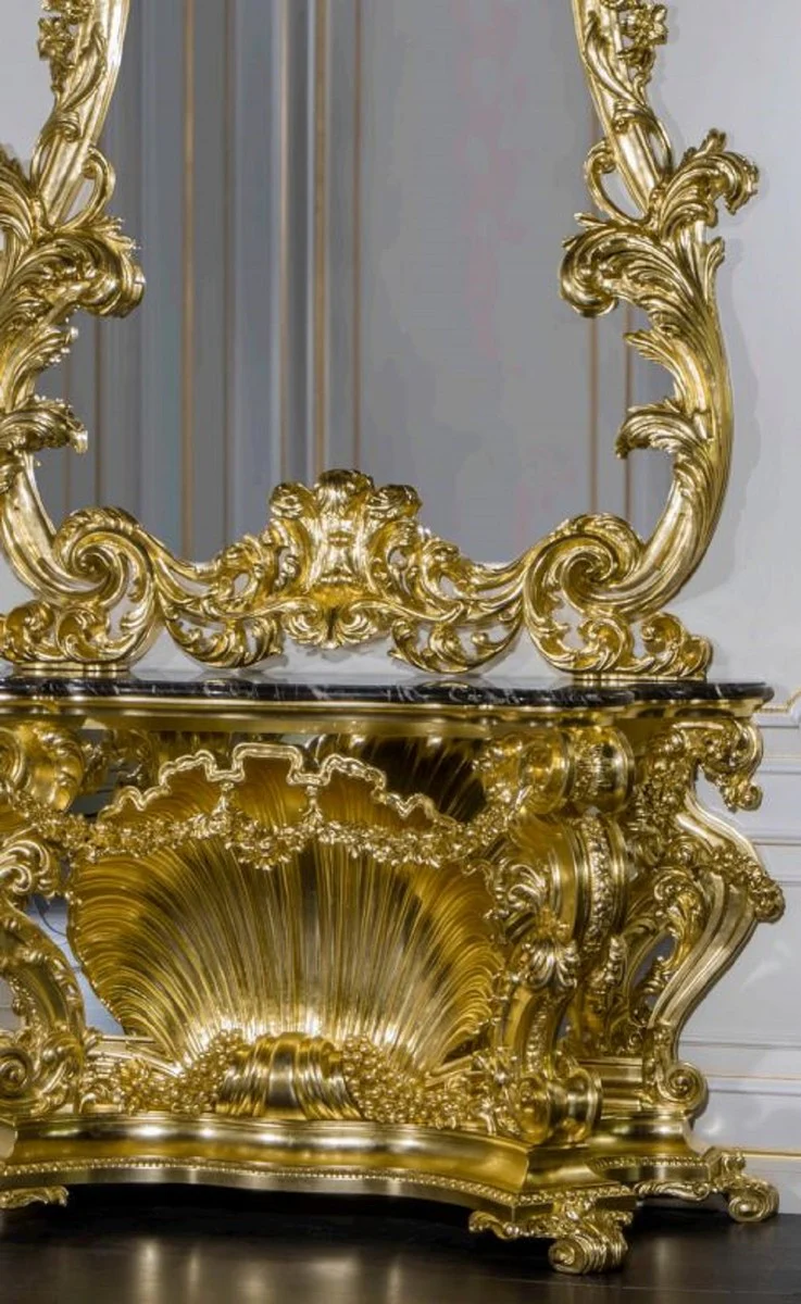 Casa Padrino conjunto de muebles barrocos de lujo consola con espejo oro / negro - Magn¨ªfica consola tallada a mano con espejo de pared - Muebles de Castillo de Restaurante de Hotel - Calidad de Lujo