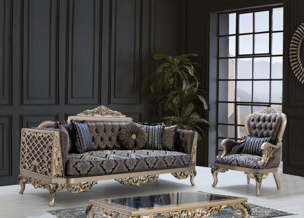 Casa Padrino sof¨¢ barroco de lujo con cojines decorativas azul / plata / oro 226 x 90 x A. 110 cm - Muebles de Sal¨®n Barrocos