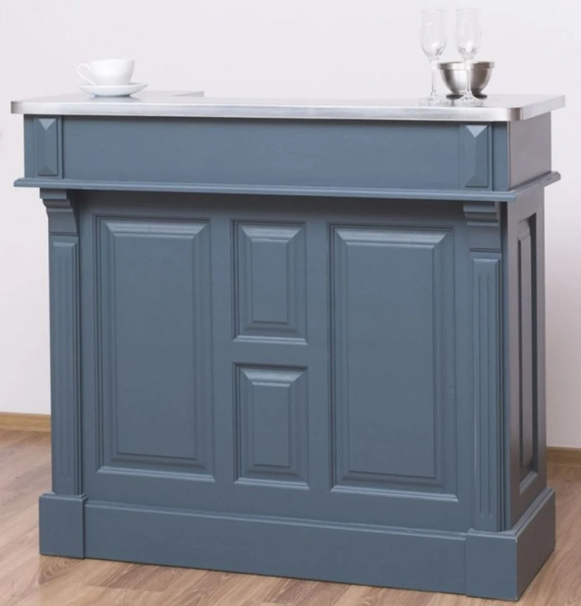 Casa Padrino barra de bar de estilo campestre azul / plata 120 x 65 x A. 107 cm - Barra de bar de madera maciza con sobre de mesa galvanizado - Muebles de bar en estilo campestre