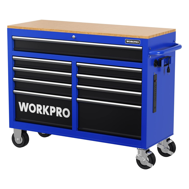 WORKPRO 46-Inch 9-Drawers Rolling Tool Chest, Mobile Tool Storage Cabinet with Wooden Top, Equipped with Casters, Handle, Drawer Liner, and Locking System, 1200 lbs Load Capacity