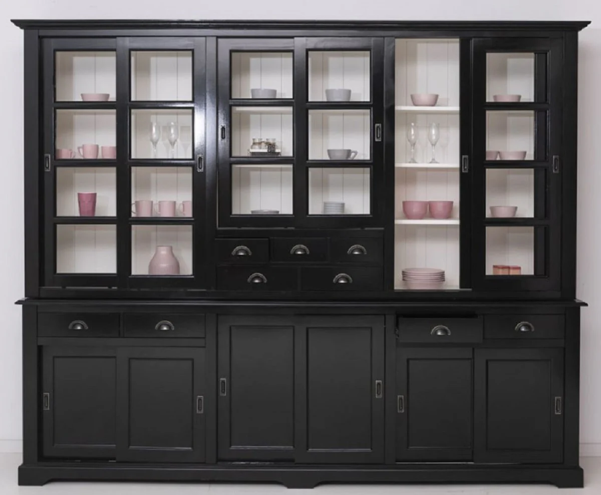 Casa Padrino armario de comedor de estilo campestre negro / blanco 280 x 55 x A. 225 cm - Armario de cocina de madera maciza - Muebles de comedor en estilo campestre