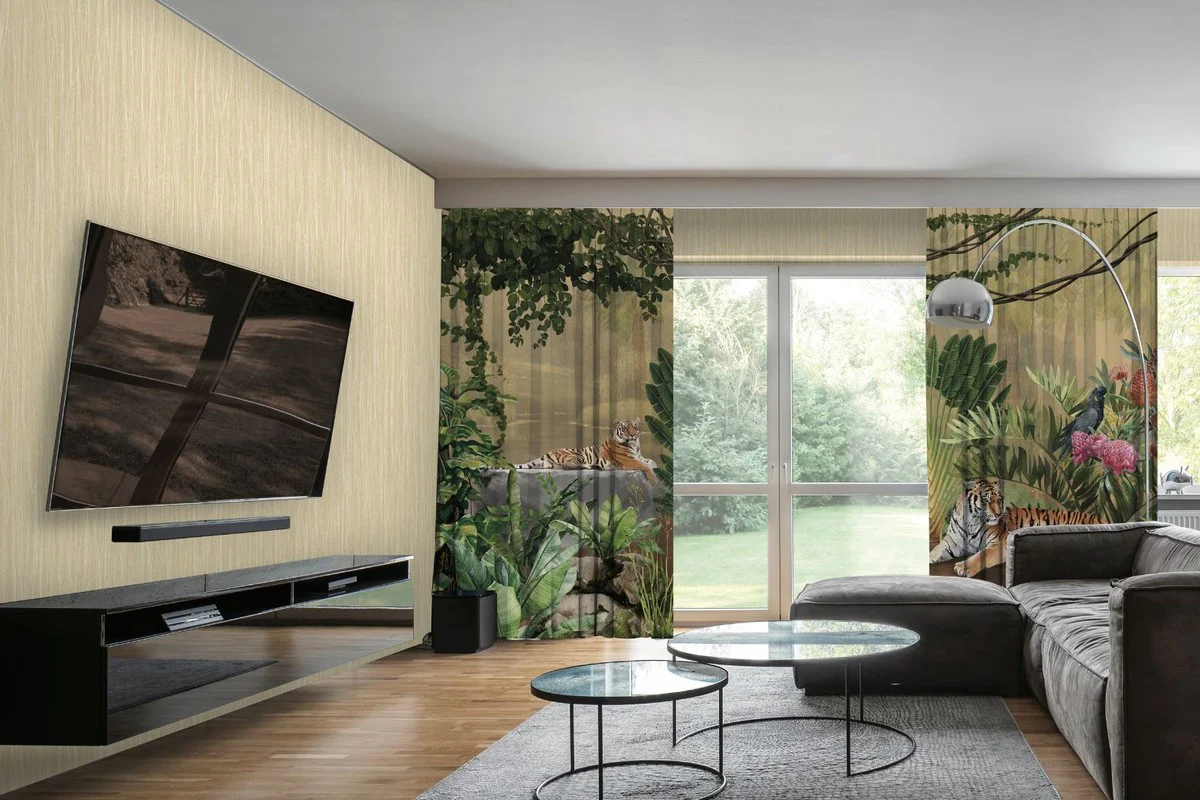 Casa Padrino conjunto de cortinas de lujo selva y tigre multicolor 250 x A. 290 cm - Cortinas de lino y terciopelo estampadas - Cortinas de ojales - Cortinas correderas