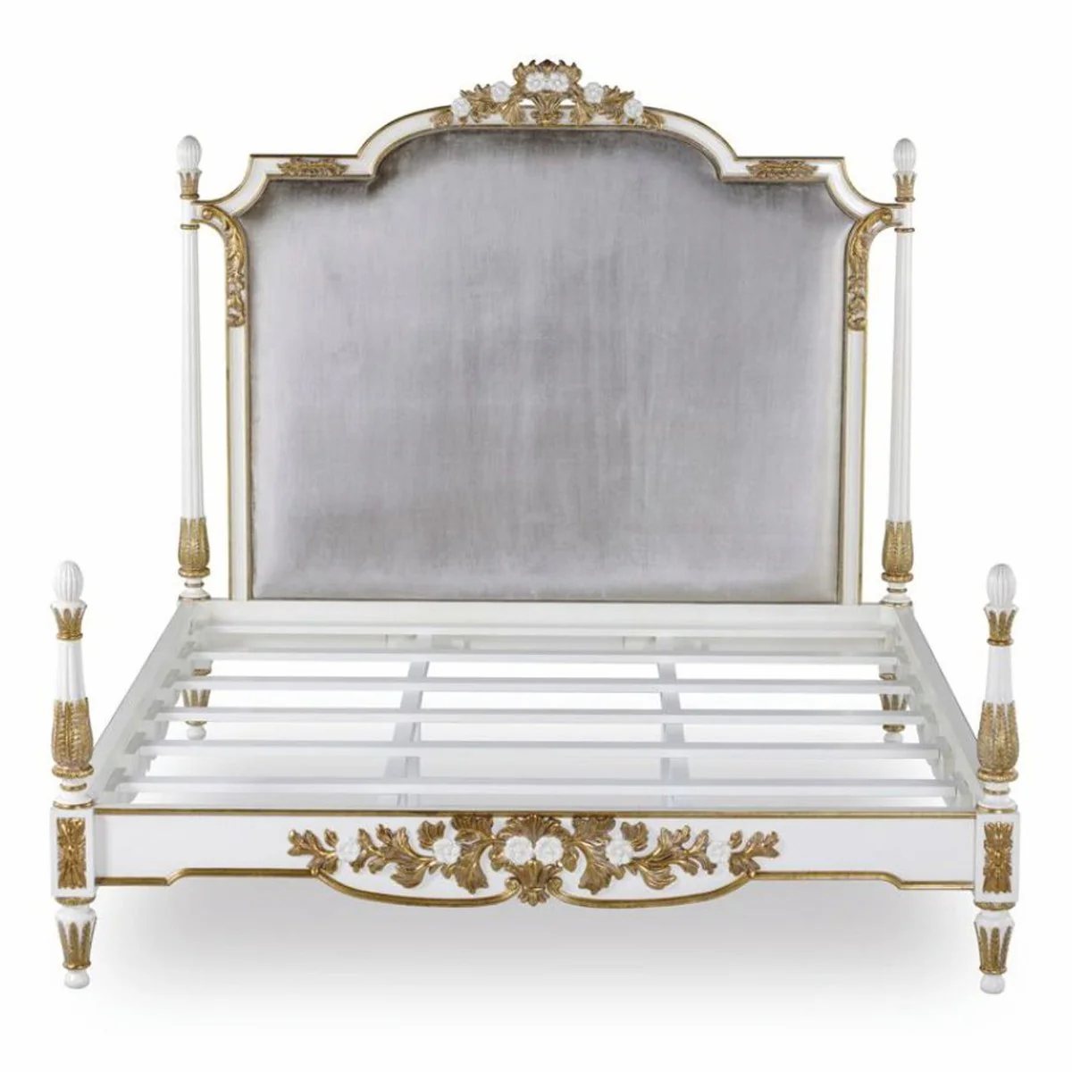 Casa Padrino cama doble barroco de lujo blanco / oro / plata gris - Muebles de dormitorio de estilo barroco