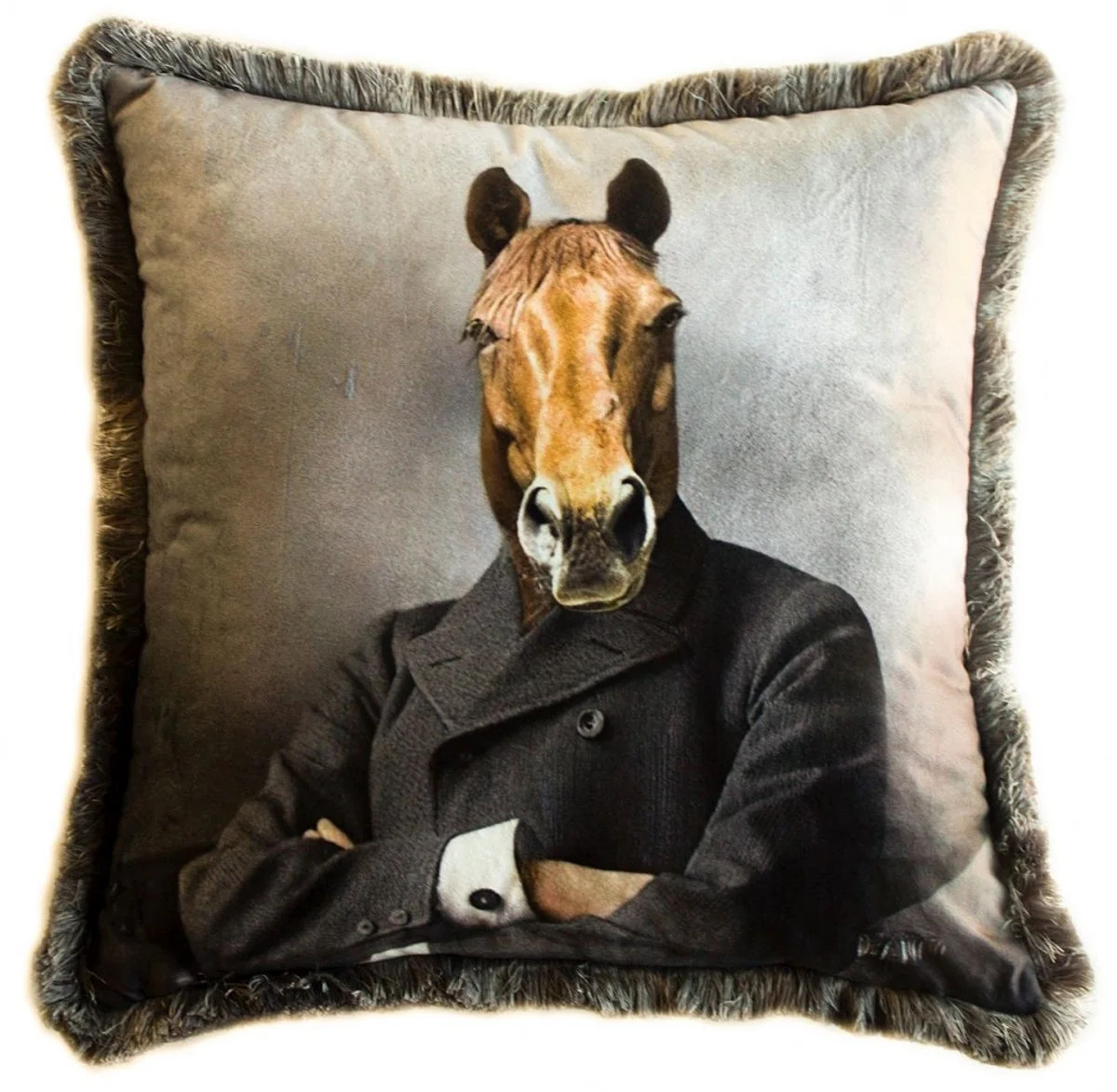 Casa Padrino cojín decorativa de lujo gentleman caballo multicolor 45 x 45 cm - Almohada de terciopelo estampado con flecos - Accesorios decorativos de lujo
