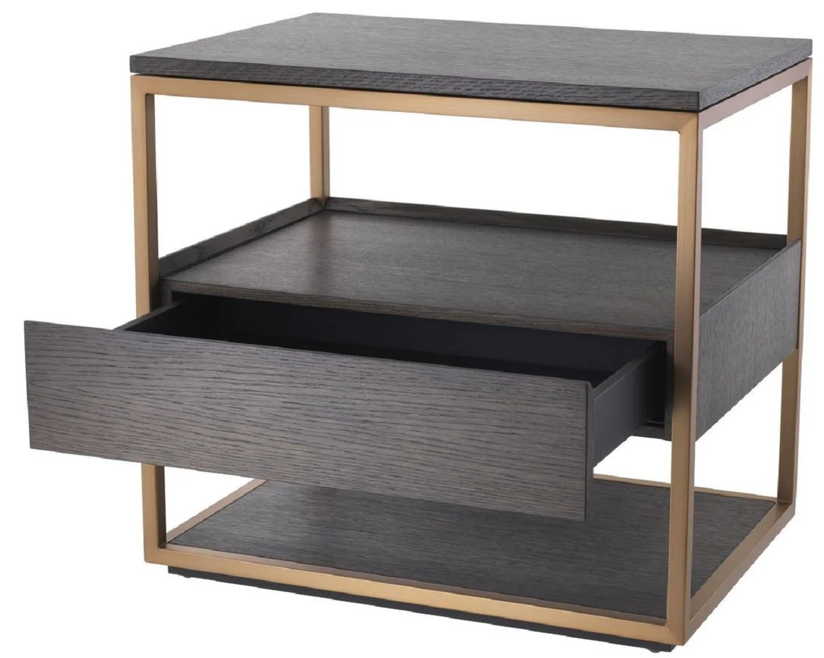 Casa Padrino mesa auxiliar de lujo con caj¨®n moca / cobre 65 x 46 x A. 61 cm - Mesita de noche de chapa de roble con marco de acero inoxidable - Muebles de Lujo