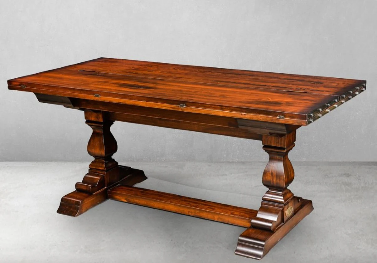 Casa Padrino mesa de comedor de estilo vintage de lujo marr¨®n / lat¨®n 180 x 85 x A. 78 cm - Mesa de comedor de madera maciza con tablero plegable - Muebles de comedor de estilo vintage de lujo