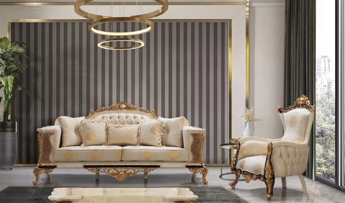 Casa Padrino sill¨®n barroco de lujo blanco / beige / crema / negro / oro - Magn¨ªfico sill¨®n de sal¨®n con patr¨®n elegante - Muebles de sal¨®n de lujo en estilo barroco - Muebles barrocos