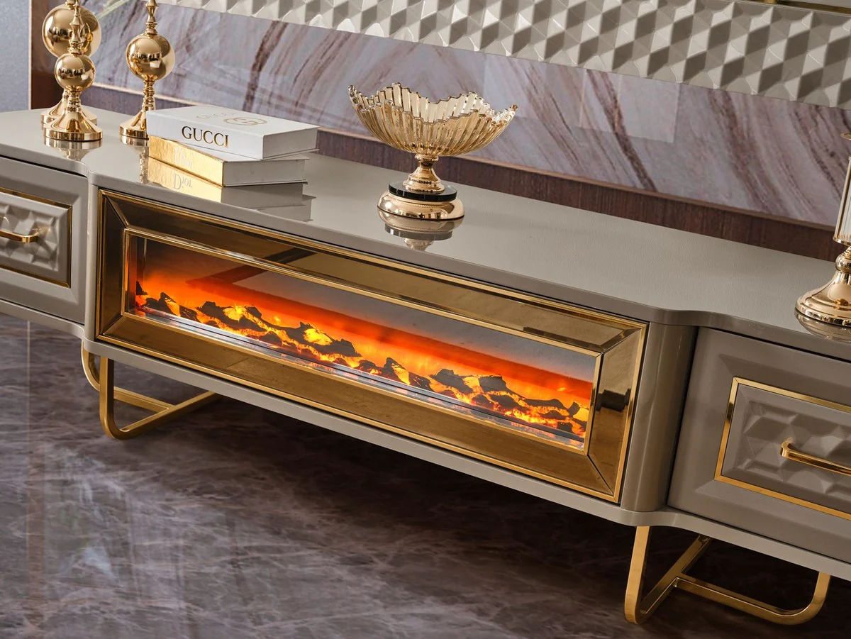 Casa Padrino conjunto de mueble de TV Art Deco de lujo gris / oro - Aparador de sala de estar con chimenea el¨¦ctrica LED y pared trasera de TV - Muebles Art Deco - Muebles de sala - Muebles de lujo