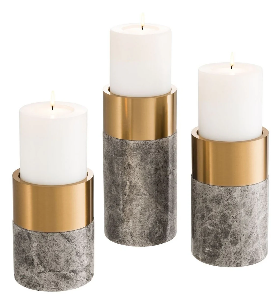 Casa Padrino Conjunto de Candelabros de Lujo Gris / Latón - 3 Candelabros Redondos de Mármol - Calidad de Lujo - Accesorios Decorativos