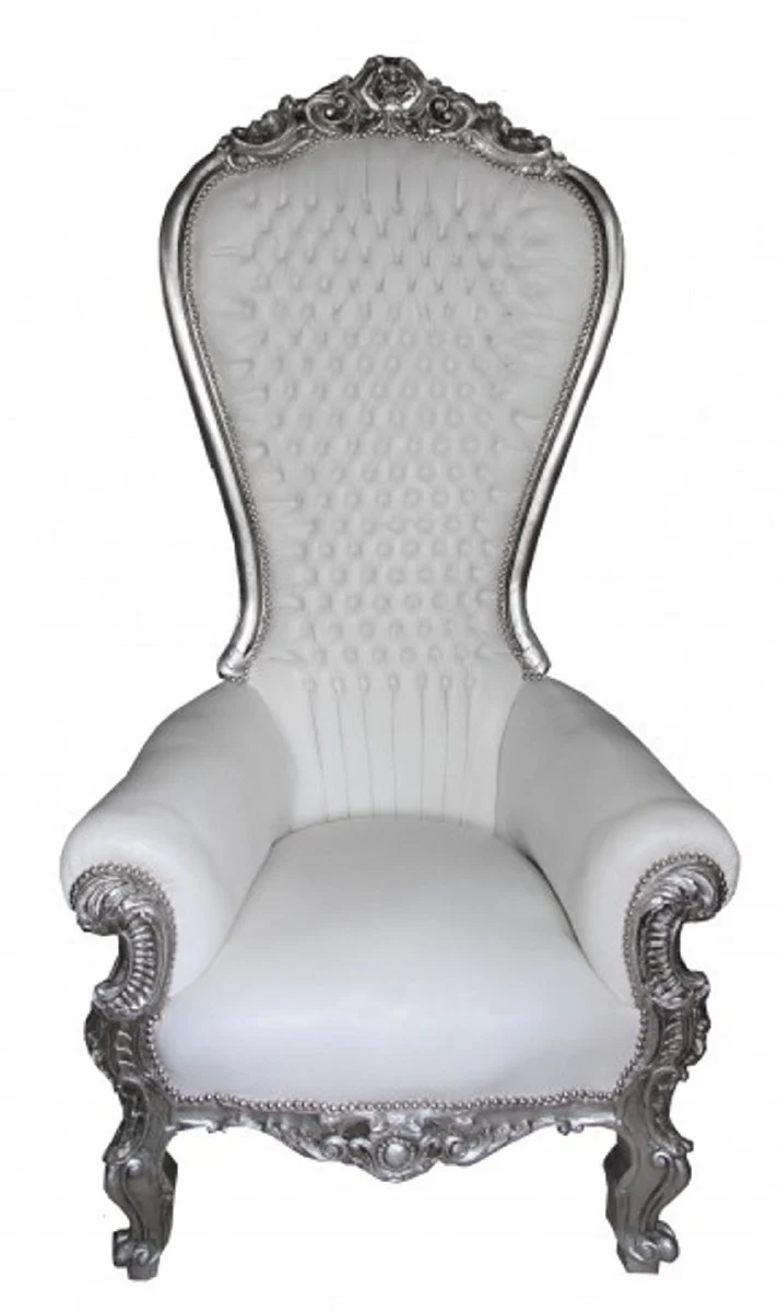Casa Padrino sill¨®n de trono barroco con cuero artificial blanco / plata - Sill¨®n real hecho a mano - Magn¨ªfico sill¨®n de boda - Sill¨®n gigante barroco - Muebles barrocos