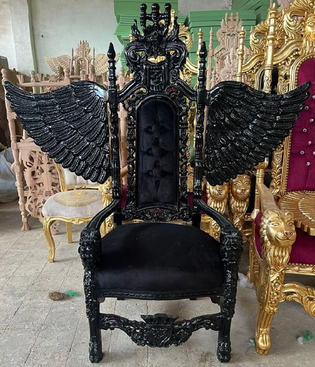 Casa Padrino sill¨®n de trono barroco con tela de terciopelo fino y pedrer¨ªa negro - Sill¨®n real hecho a mano - Sill¨®n de boda - Sill¨®n gigante - Magn¨ªficos muebles barrocos